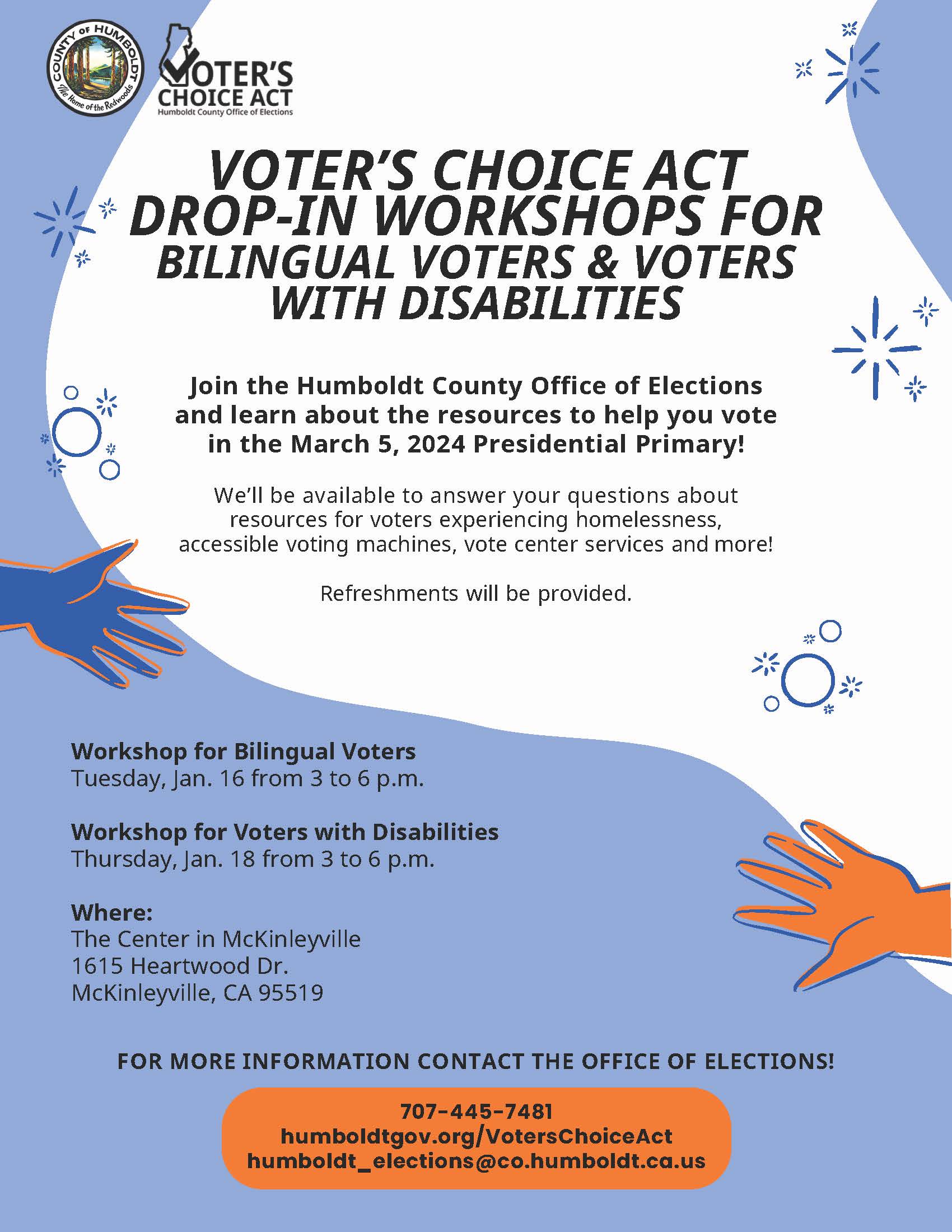 Voter's Choice Act Drop-In Workshops flyer