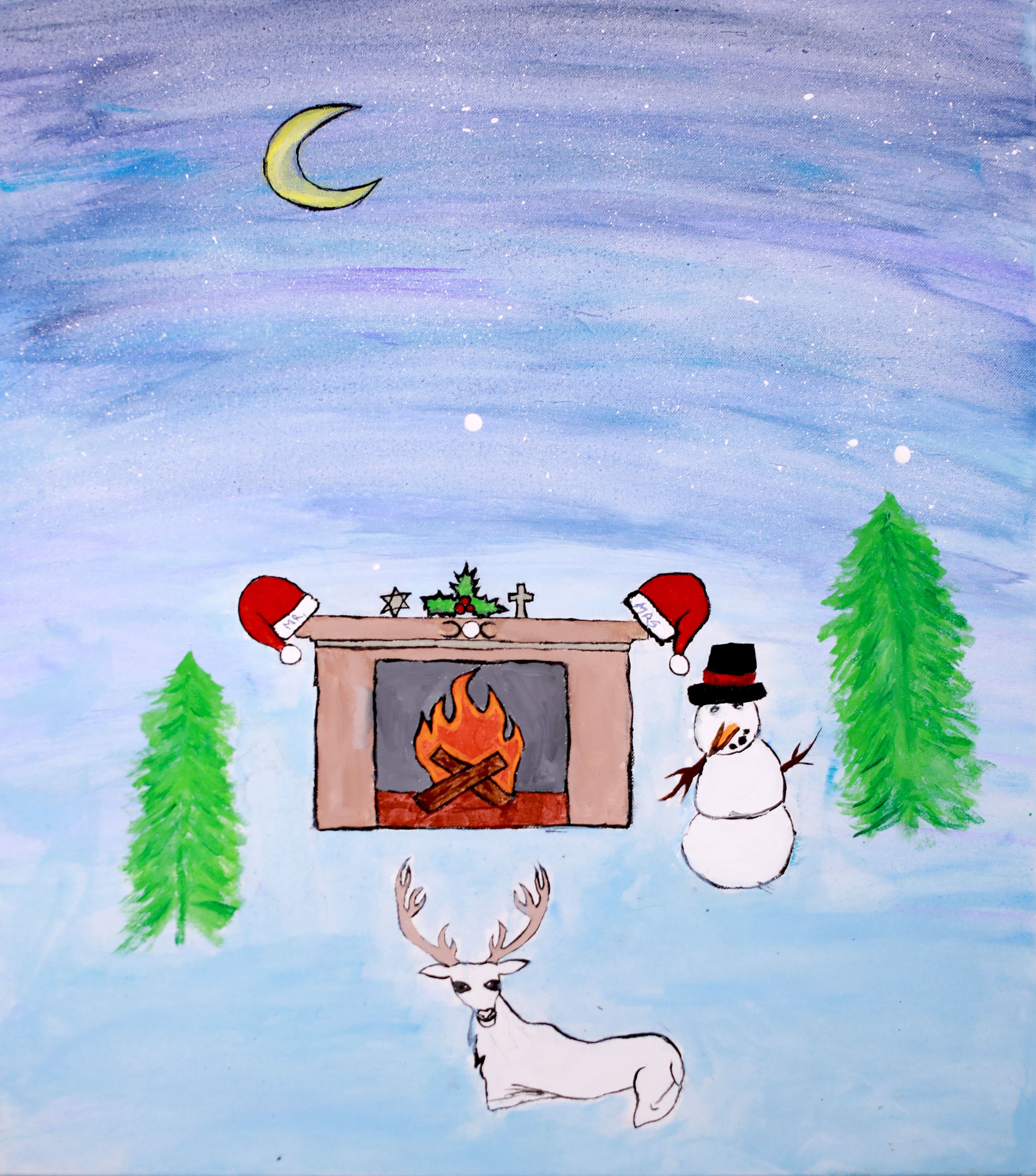 painting of a snowman and reindeer next to a fireplace