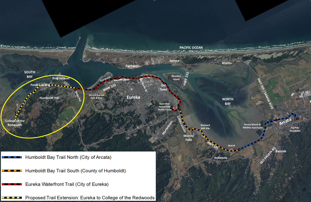 An aerial map with a circled area indicating the location of a new section of the Humboldt Bay Trail
