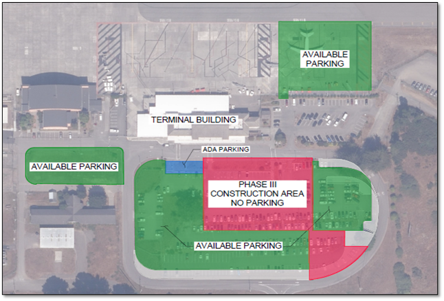 Phase III Parking Diagram showing the area directly in front of the main lot closed. Available parki