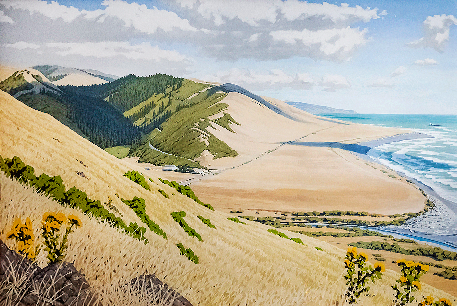 A large acrylic painting by Ken Jarvela showing Northern California’s Lost Coast landscape.