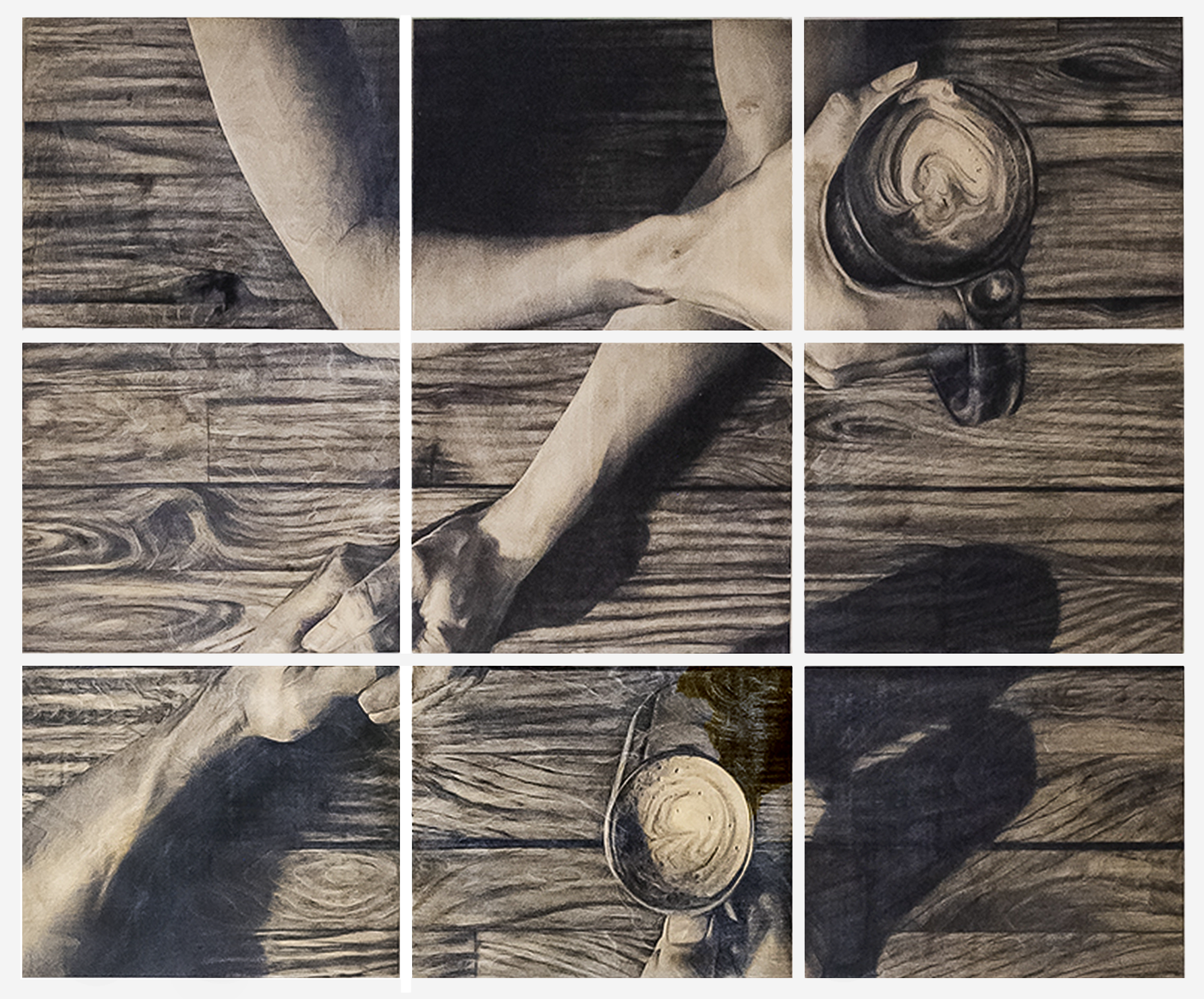 A charcoal painting of two hands holding over coffee on a wooden table.