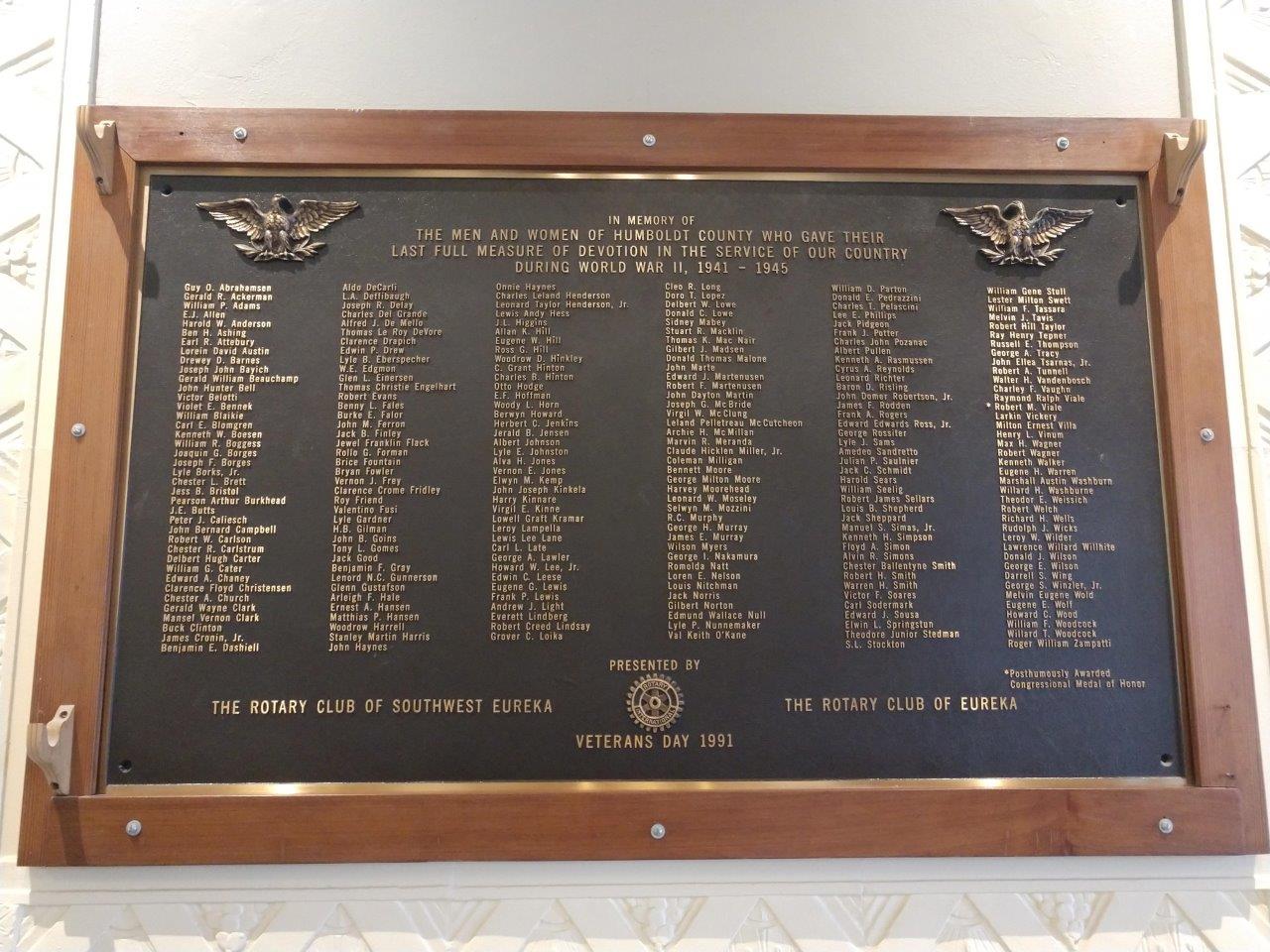 Humboldt County World War II Veterans Memorial Plaque 1941-1945