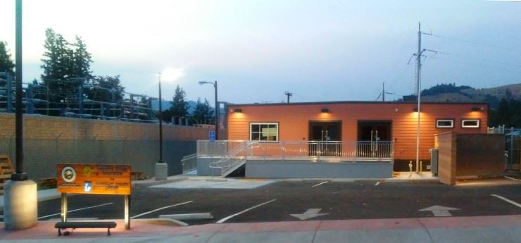 Garberville Library on 8-11-2021, an evening view that shows the outside lighting.