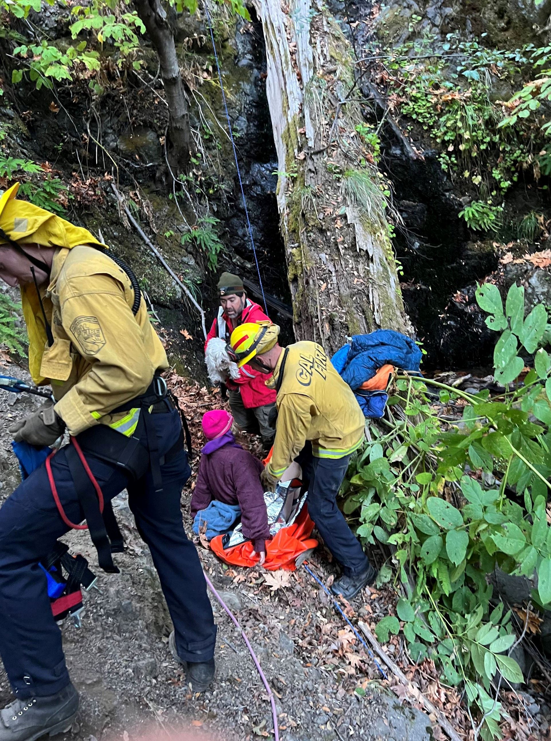 Search crews utilize a rope system to climb a steep drainage