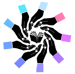 A group of hands reach to care for a book. Together the hands form a star.