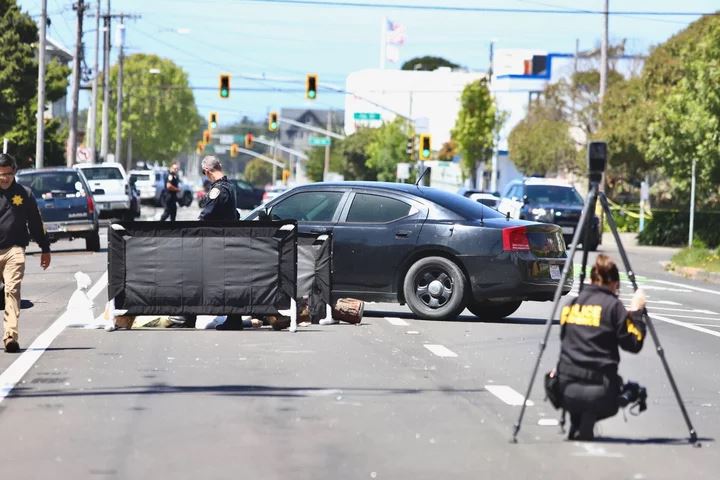This photo shows police on scene after the fatal pedestrian collision in the City of Eureka in May 2024. The street is blocked by police and the vehicles involved in the accident. This photo was captured by Lost Coast Outpost and first published on July 8, 2024.