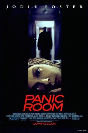 Poster for Panic Room. A woman lying in the foreground & a shadowy figure stands in a doorway behind