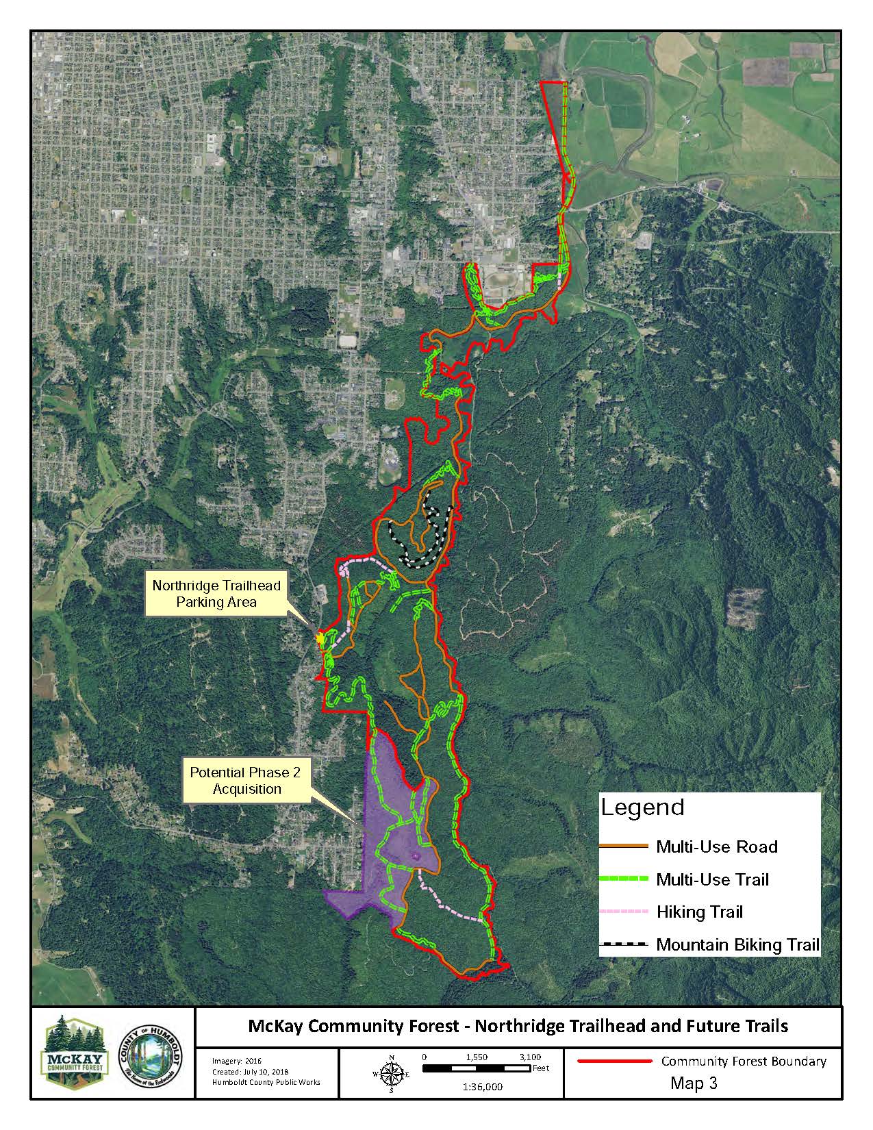 McKay Community Forest Map showing all future trails, including a mountain biking trail, as well as