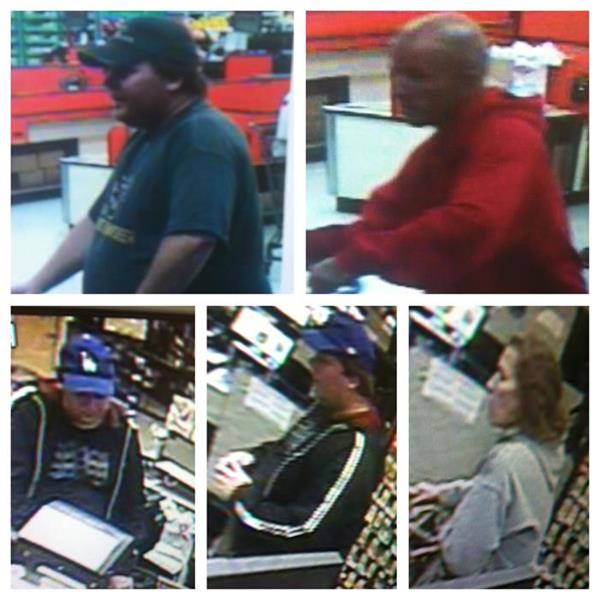 Five pictures of suspects. First picture is of an overweight man wearing a dark green baseball cap and a dark green t-shirt. Second suspect is bald and wearing a red hooded sweatshirt. Third suspect i